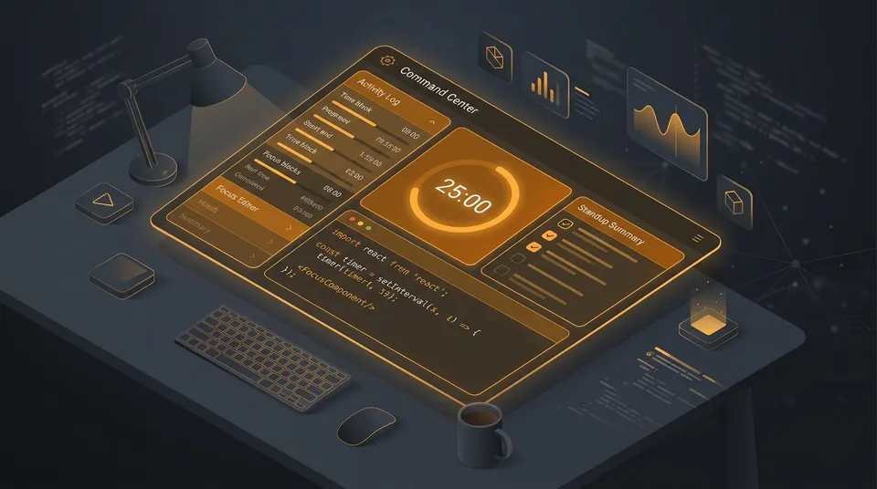 A developer workspace featuring a glowing amber command center with time blocks and focus timer.