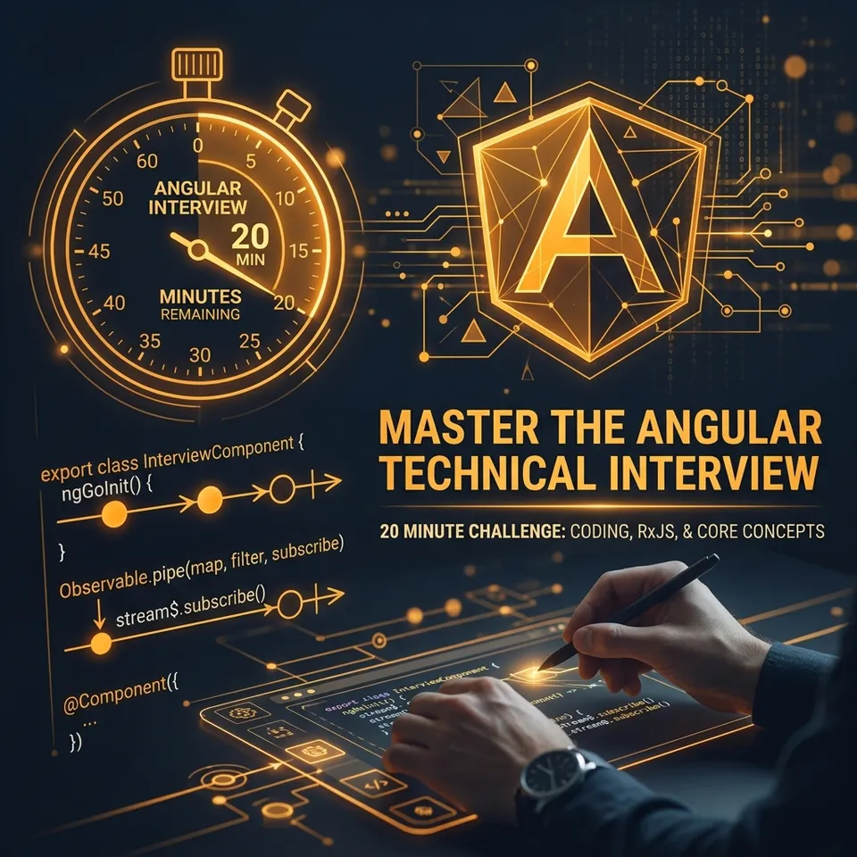 Modern 16:9 technical artwork representing a 20-minute Angular interview with clock and code elements