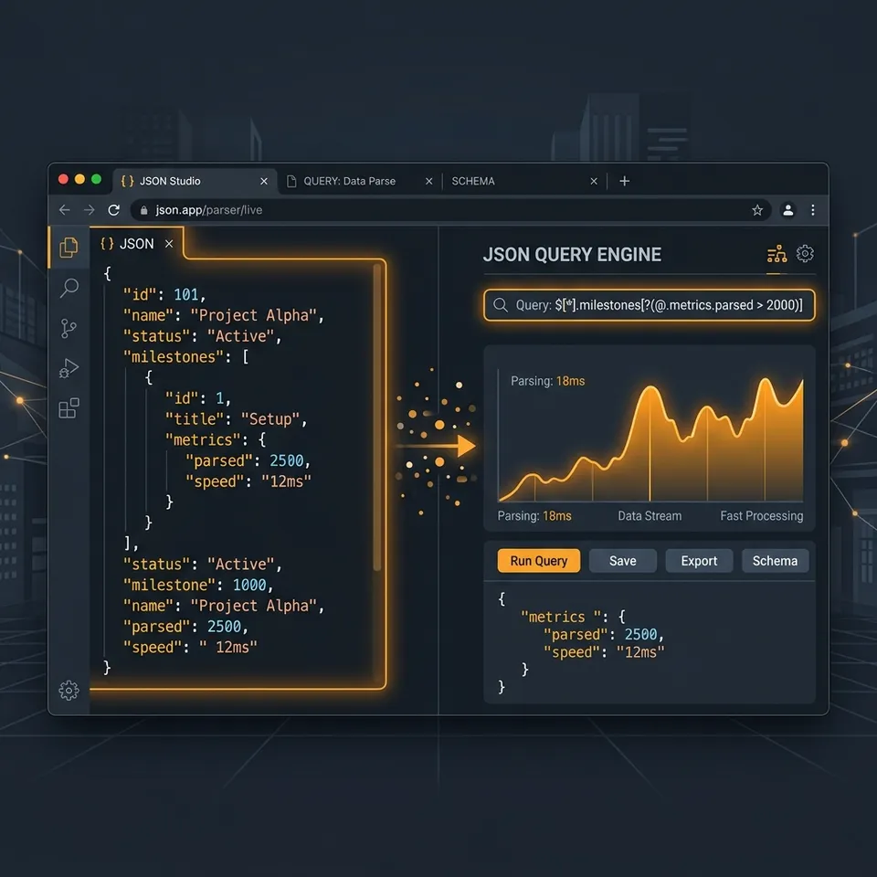 Sleek IDE interface illustrating a glowing JSON query engine