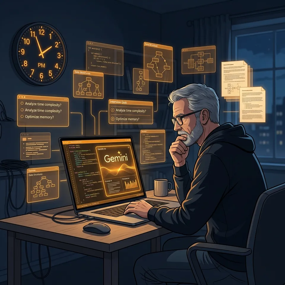 A developer studying with Gemini AI for a senior technical interview, with code elements and a ticking clock