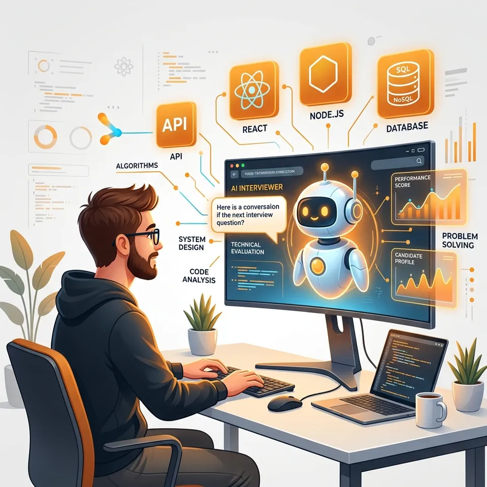 Robot conducting an interview with a developer, with MERN stack logos