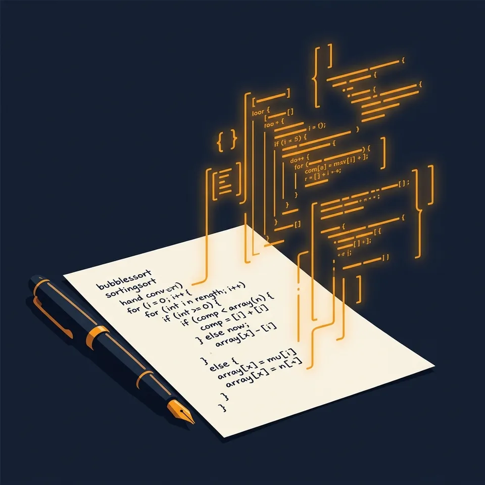 A physical fountain pen resting on top of handwritten code notes, with amber digital code glows
