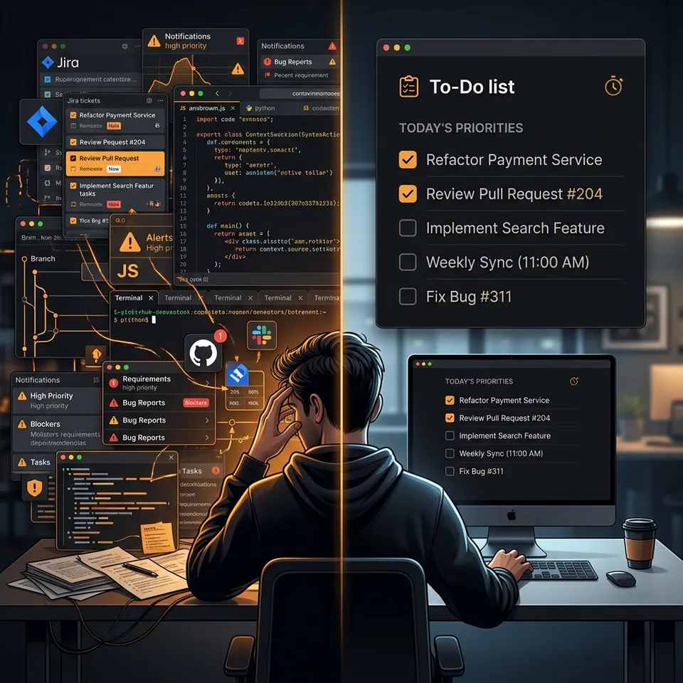 A chaotic web of complex Jira tickets transforming into a clean, minimal developer task list.