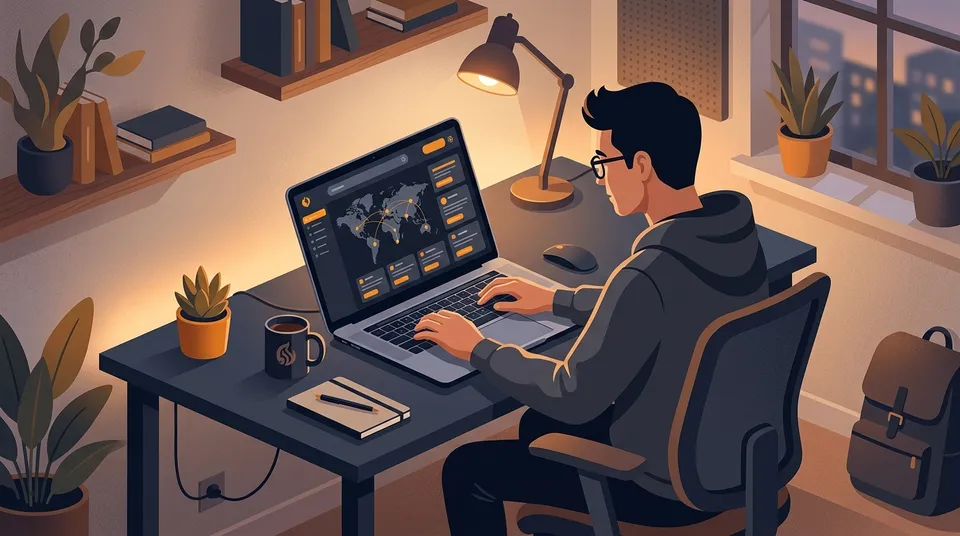 A developer working on a laptop with a global job map and clean developer desk
